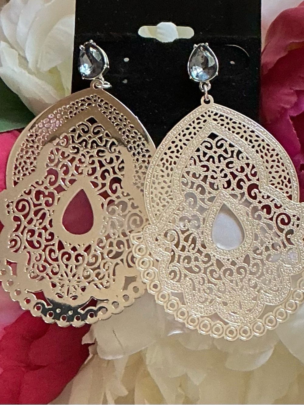 Silver tone Filigree Teardrop Dangle Earrings with faceted  blue crystal on post